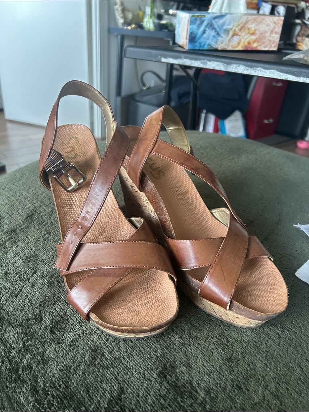 Circus by Sam Edelman Brown Leather Cork Wedge Sandals